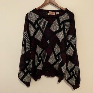 VTG Point Zero Sweater Men L Black Burgundy Geometric Pullover Knit 90s Cosby